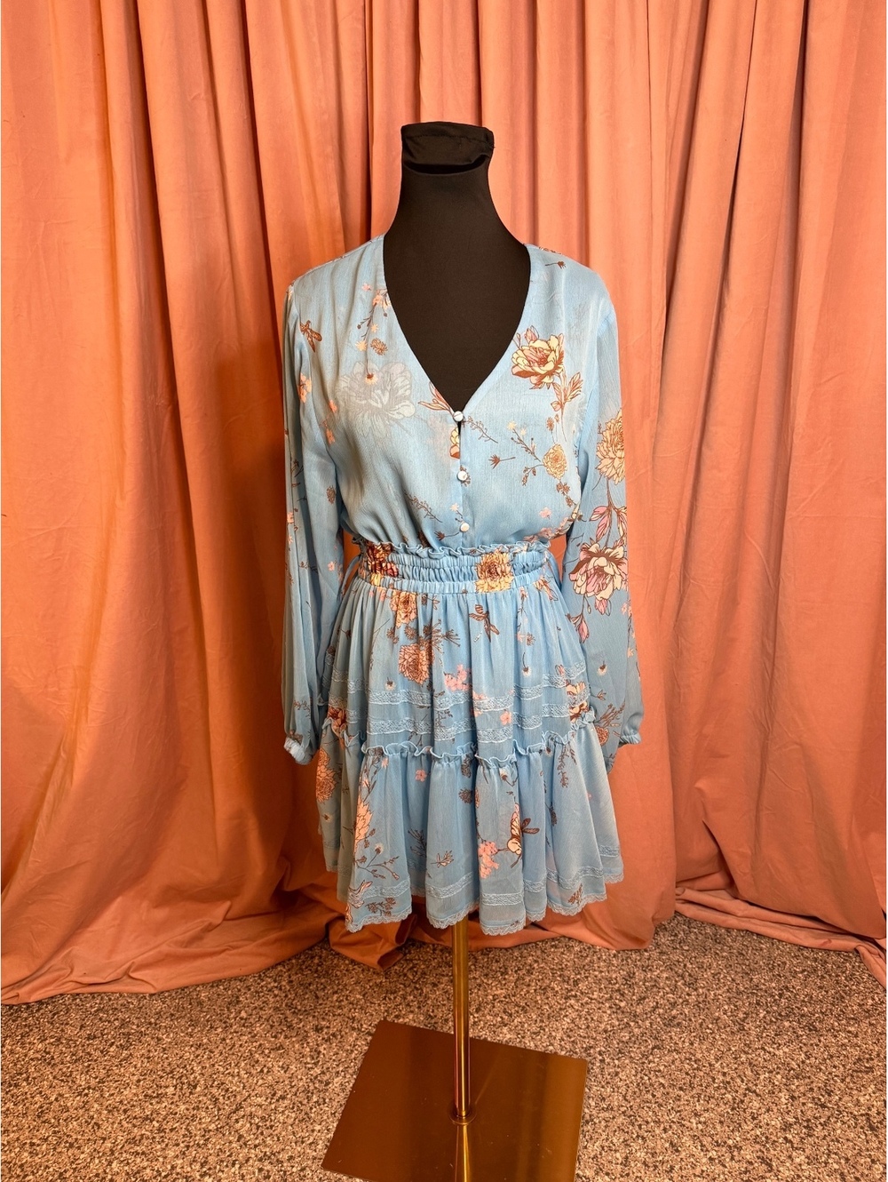 Versona Light Blue Floral Long Sleeve Dress Size M